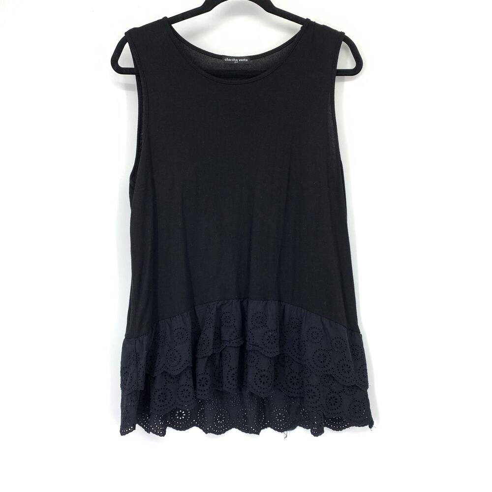 Cha Cha Vente Top Womens PXL Black Floral Eyelet Tiered Ruffle A-Line Sleeveless